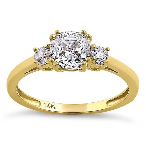Solid 14K Yellow Gold Cushion Cut Triple CZ Engagement Ring New - Picture 2 of 6